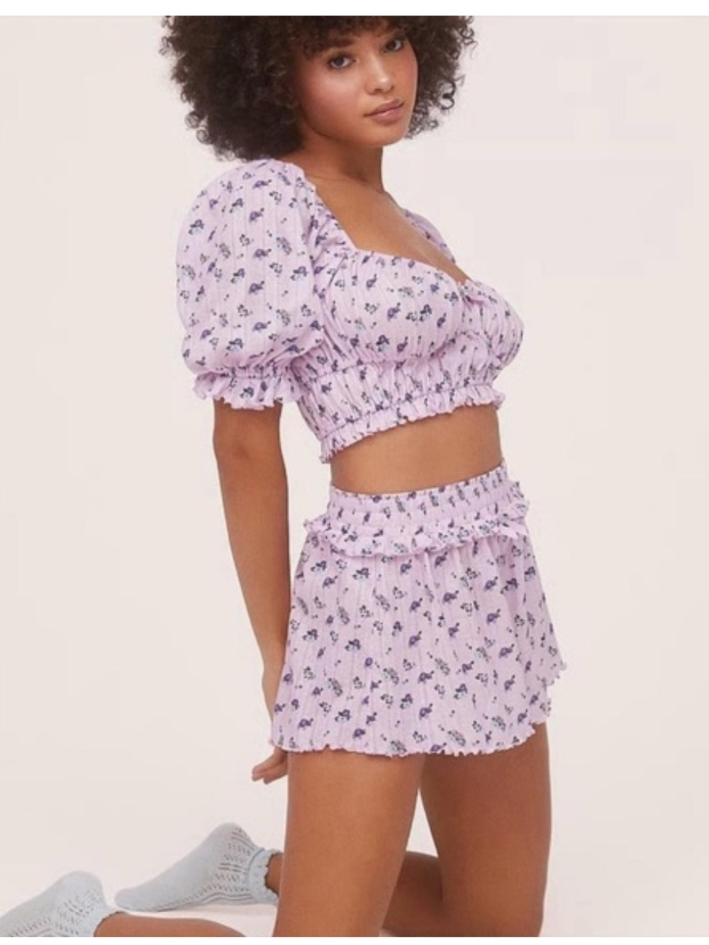Lilac Floral Puff-Sleeve Crop Pajama Set